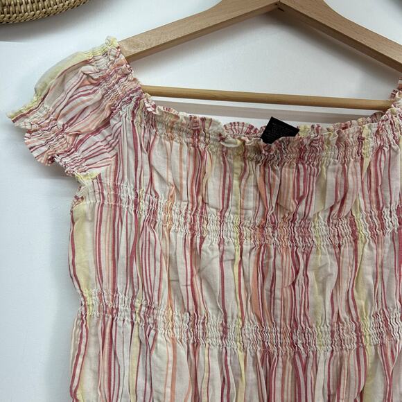 Vintage Y2K 2000s Express Pink Striped Smocked Cropped Off Shoulder Crop Top 7/8 - Picture 4 of 6